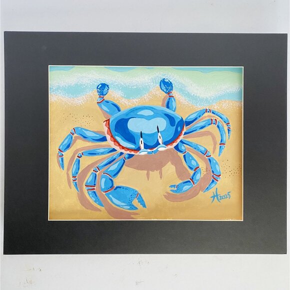 Illustrated Crab Original Gouache Painting 11x14in Mat Frame Ready Art - Picture 3 of 9